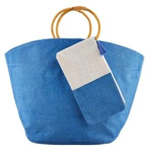 Mud Pie Bright Jute Tote & Case Set Blue New with Tags Bamboo Bag Handbag Purse